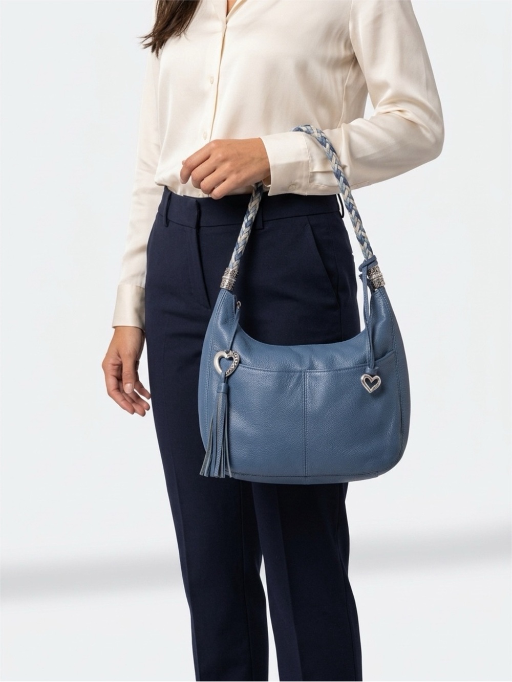 Brighton Barbados Ziptop Hobo bag. Blue with silver ornaments.